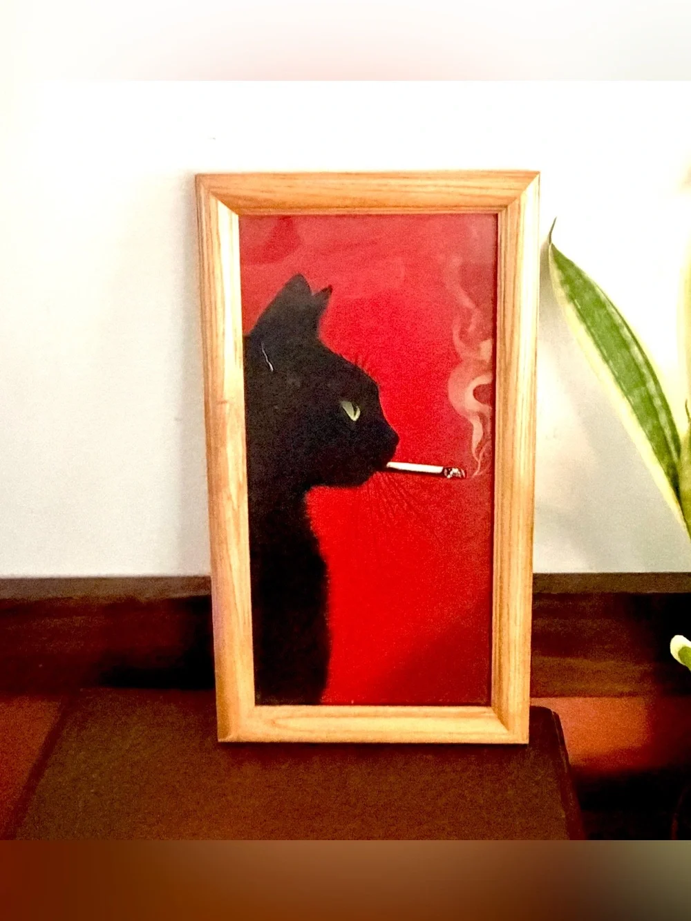 Black Cat Smoking a Cigarette Red Canvas Vintage Wood Framed Wall Hanging Art
